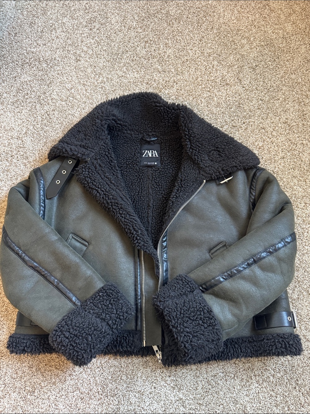 Zara Olive Green and Black Faux Shearling Aviator Jacket